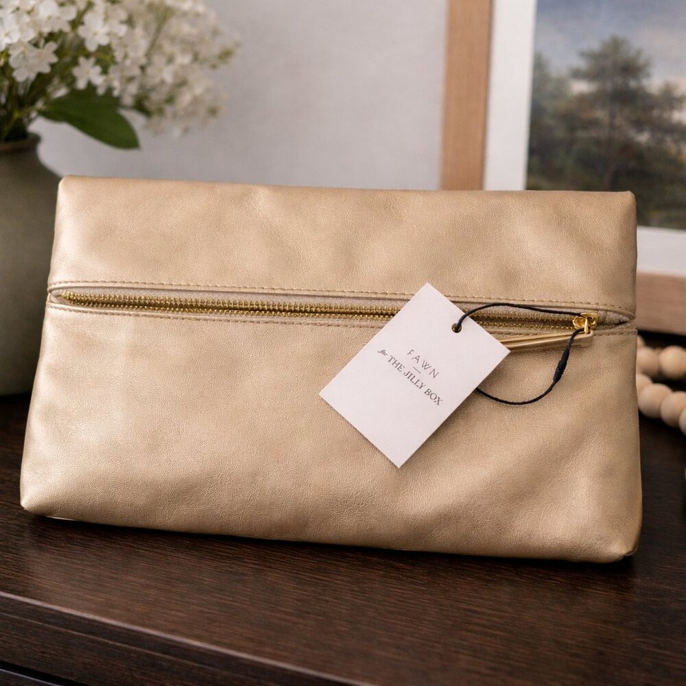 NWT Fawn Design Collaboration with Jilly Box gold faux leather fold over clutch